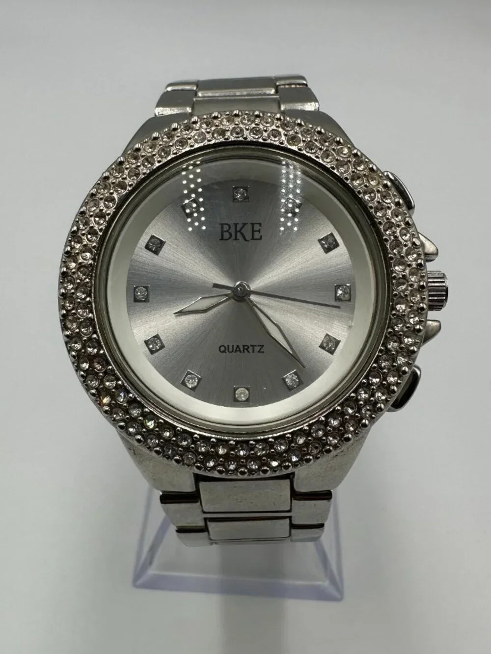 BKE Watch Women Silver Tone Crystal Bezel 40MM Round Dial New Battery 7.5 Inch